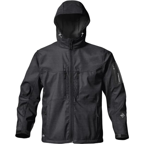 A black soft shell jacket with a hood, featuring multiple pockets and a logo.  