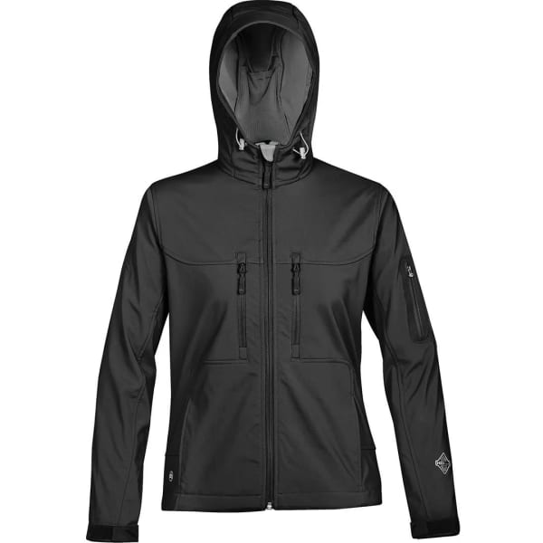 A black soft shell jacket with a hood, featuring zippered pockets and a logo on the sleeve.