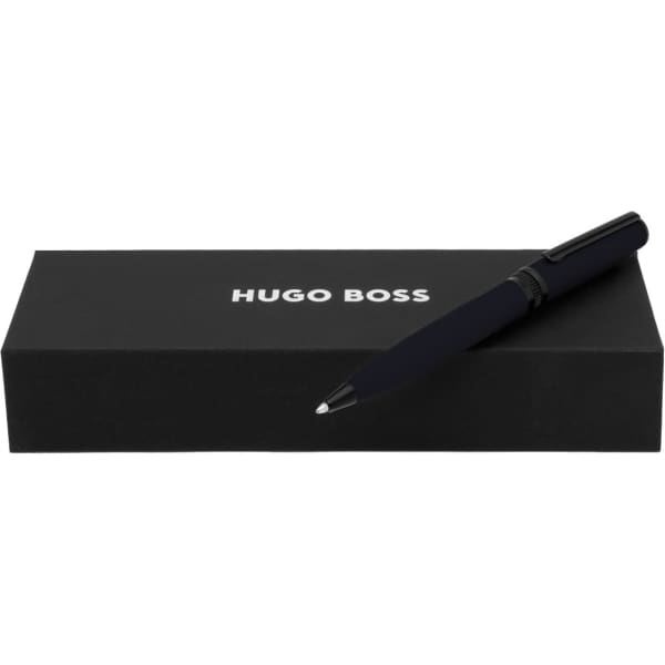 A blue metal ballpoint pen positioned on a black gift box, featuring a branding logo.