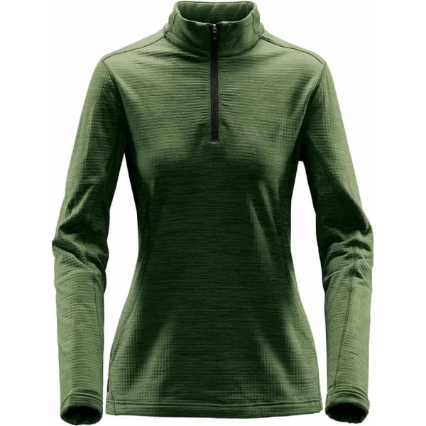 A green women's base thermal 1/4 zip jacket with long sleeves and a zippered collar. It features a logo on the design.