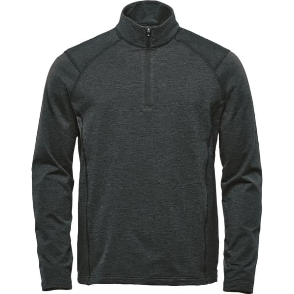 A dark grey men's pullover featuring a 1/4 zip and a high collar, suitable for casual wear.