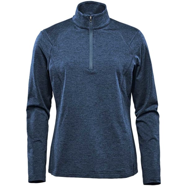 A women's long-sleeve quarter zip pullover in navy blue with a brand logo.