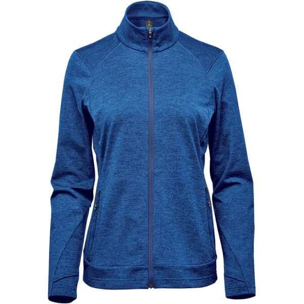 A blue women's jacket featuring a zip front, high collar, and two side pockets. The jacket has a logo on it.