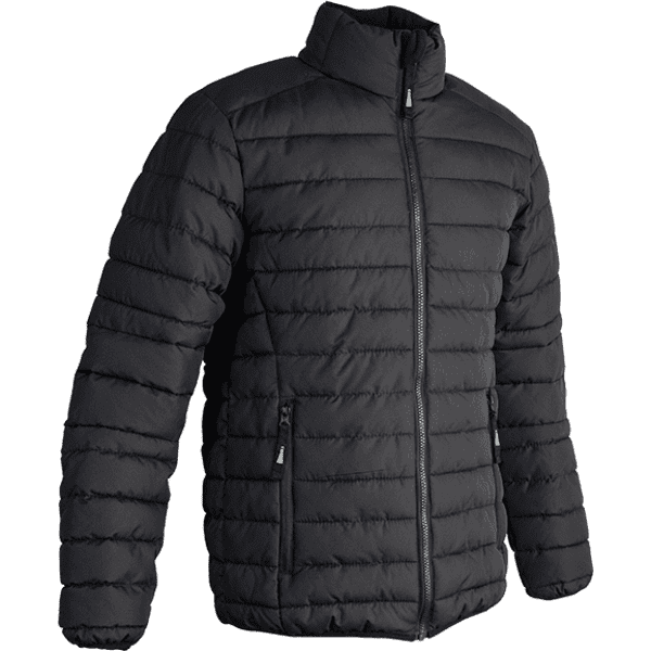 A black padded unisex puffer jacket featuring a zip front and side pockets, with a logo on the design.