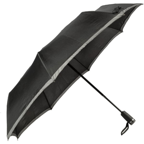 A black pocket umbrella with a sleek design, featuring a handle and a contrasting trim.