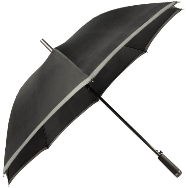A black umbrella with a sleek design and a sturdy handle, featuring a logo. Ideal for leisure and outdoor use.