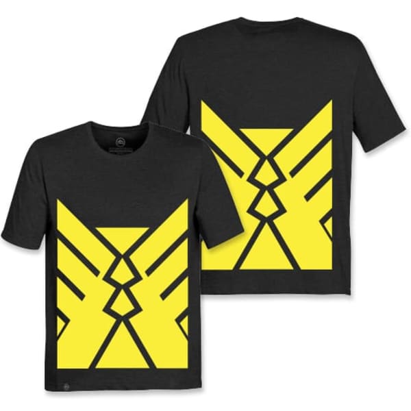 A black T-shirt featuring a large yellow geometric design on the front and back, with a logo on the label.