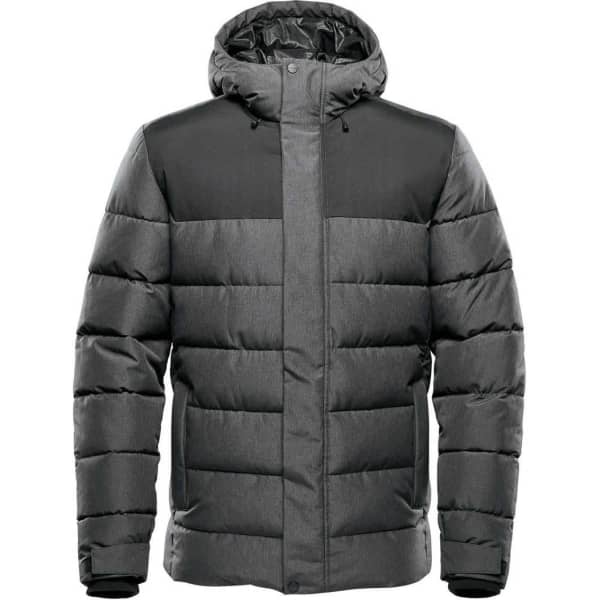 A grey puffer jacket with a hood, featuring a contrasting black panel across the shoulders and a branded logo.