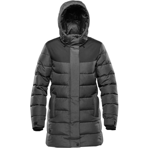 A grey women's Oslo HD parka jacket featuring a hood and padded design, with a black panel on the shoulders.