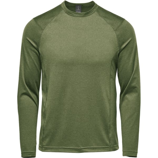 A long-sleeve crew neck jumper in olive green, featuring a simple design and a logo on the front.