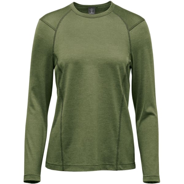 A long-sleeve women's jumper in olive green with a crew neck and a distinctive logo.