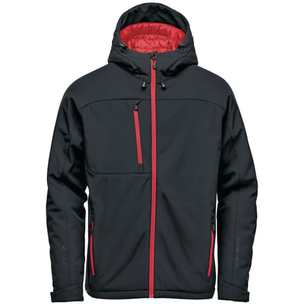 A black softshell jacket with red accents and a hood, featuring multiple zippered pockets and a branded logo.