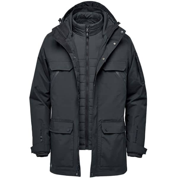 A dark green Men's Fairbanks 5 In 1 Jacket with multiple pockets and a removable inner layer.