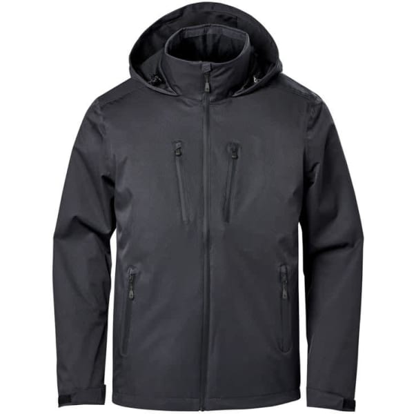 A lightweight black shell jacket with a hood, featuring two zippered front pockets and a zip closure.