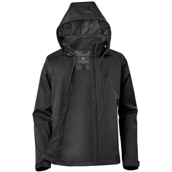 A black lightweight rain jacket with a hood and zippered pockets, featuring a logo on the chest.