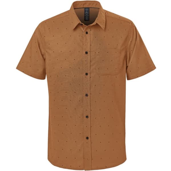 A short-sleeved, button-up shirt in a warm brown colour, featuring a subtle pattern and a chest pocket. It has a logo.