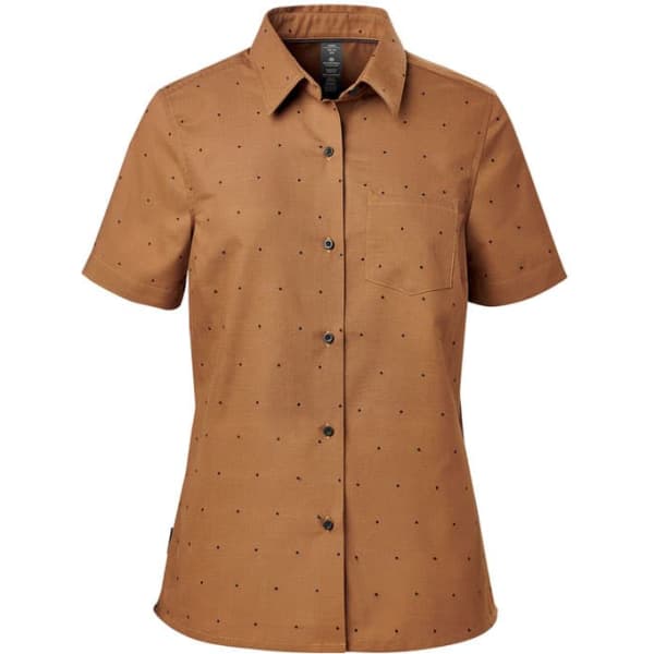 A brown button-up shirt with short sleeves and a subtle polka dot pattern. Features a chest pocket and a logo.