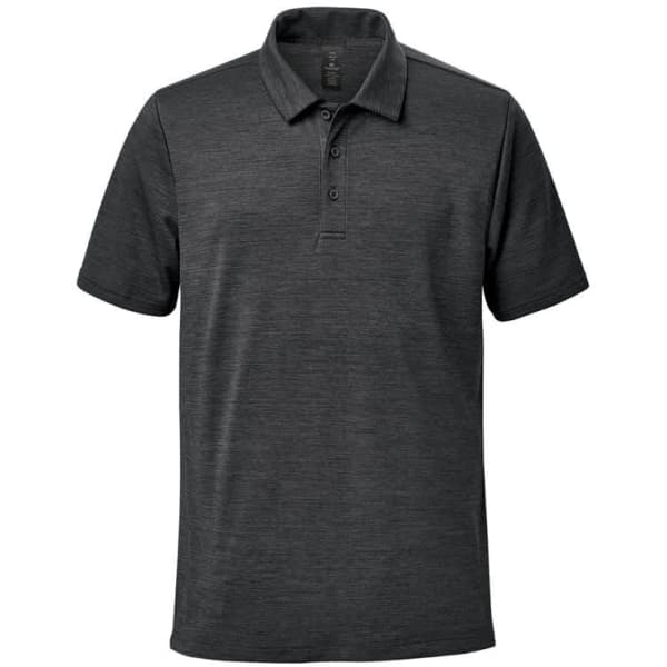 A short-sleeve polo shirt in dark grey with a collar and button placket, featuring a logo on the chest.
