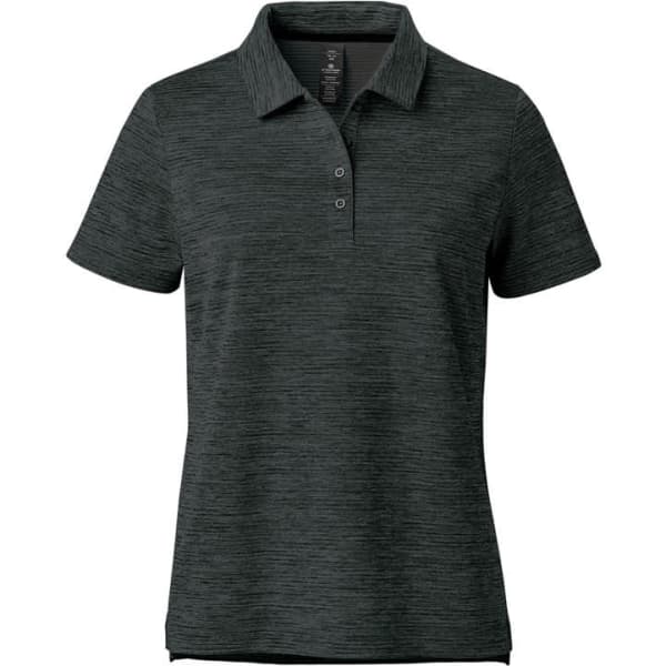 A short-sleeve women's polo shirt in dark green with a textured pattern and a collar. Features a logo.