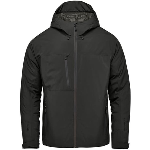 A men's thermal soft shell jacket in dark green, featuring a hood and multiple zippered pockets.