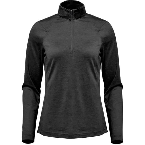 A black women's Milano pullover jumper with a quarter-zip collar and long sleeves, featuring a logo on the side.