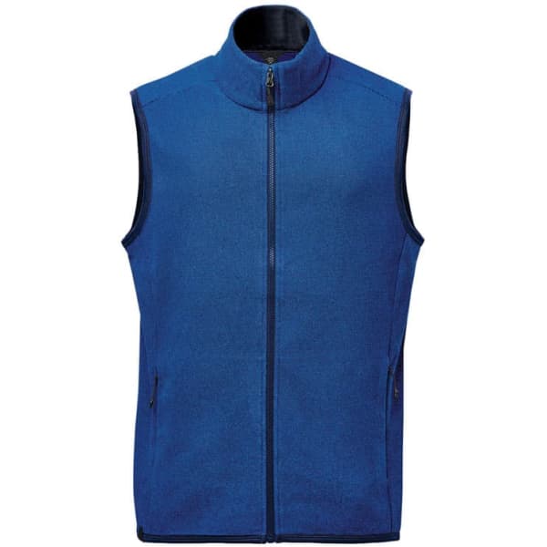 A blue men's vest featuring a high collar, zip closure, and two side pockets. It has a logo on the front.