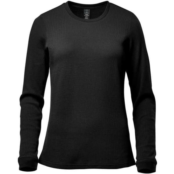 A black long-sleeve crew neck shirt for women, featuring a textured fabric design and a logo.