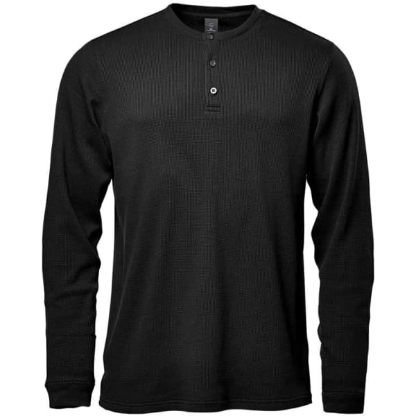 A black long-sleeve henley shirt featuring a button placket and ribbed texture. It has a logo on the label.