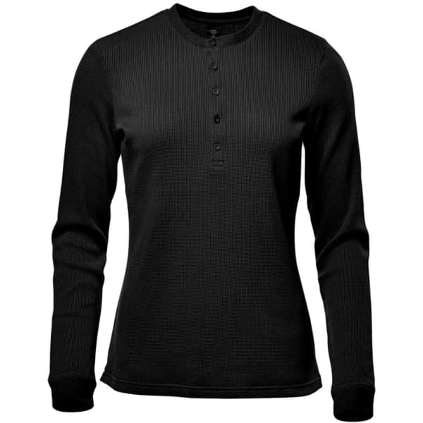 A black women's long-sleeved Henley shirt with a buttoned neckline and ribbed texture. It features a logo.