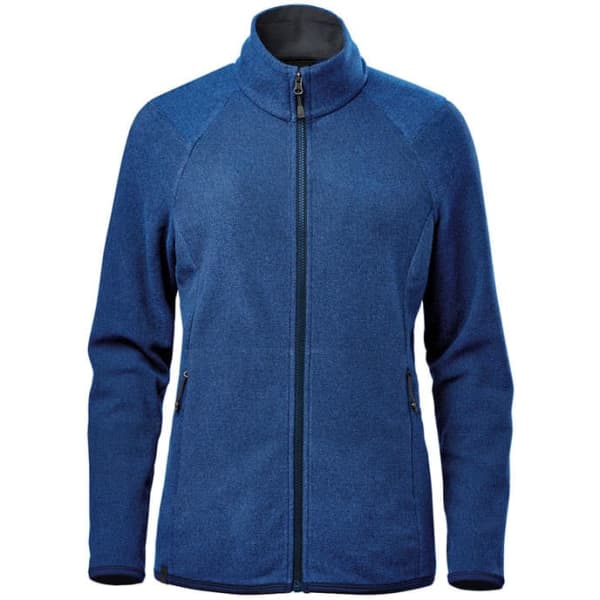 A women's jacket in a deep blue colour with a zip front and two side pockets. It features a collar and has a logo.
