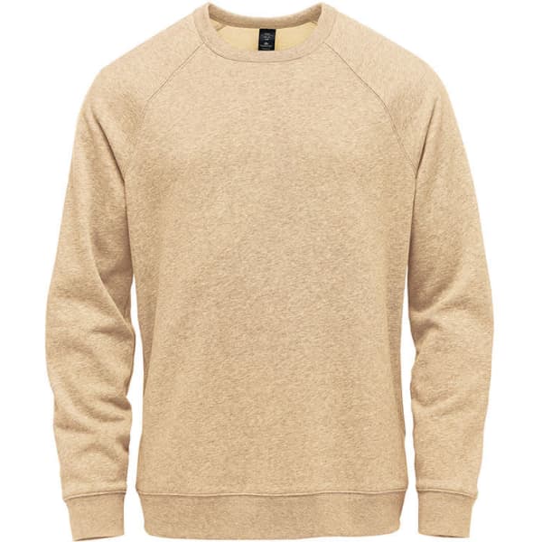 A beige fleece crew neck jumper with a raglan sleeve design and a branding logo on the label.