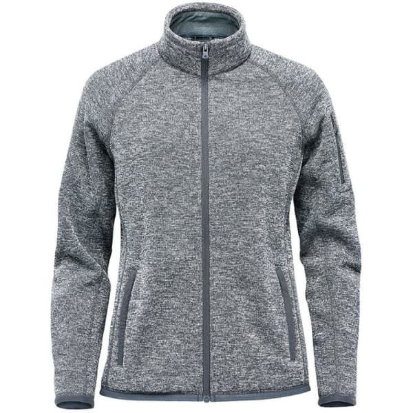 A grey polar fleece jacket with a high collar and zip front, featuring side pockets and a logo.