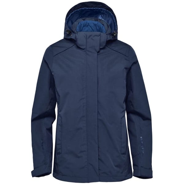 A navy women's jacket with a hood and a zip closure, featuring a blue lining and a logo.