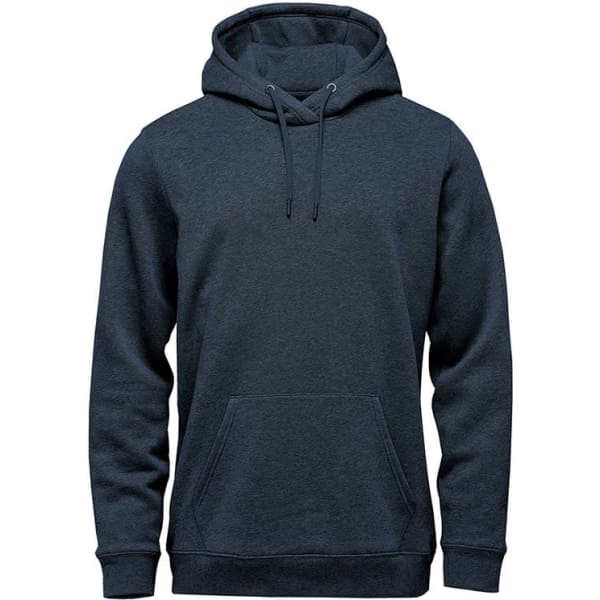 A dark grey fleece pullover hoody with a kangaroo pocket and adjustable drawstring hood. Features a logo.
