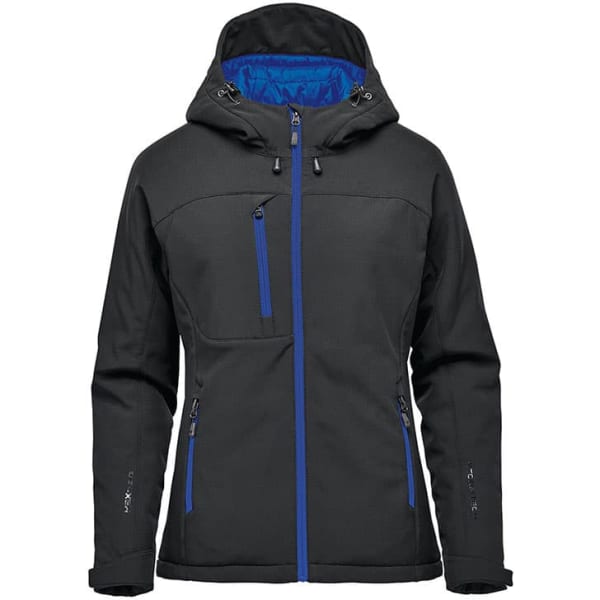 A black softshell jacket with blue accents, featuring a hood and multiple zip pockets. It has a logo on the design.