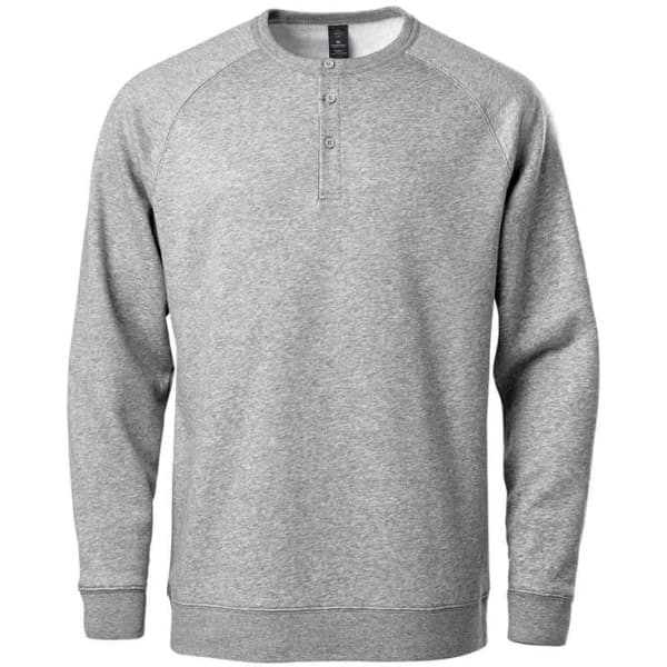 A grey Men's Monashee Henley shirt with long sleeves and a buttoned neckline. It features a logo on the fabric.