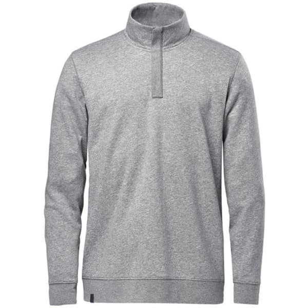 A grey men's 1/4 zip pullover featuring long sleeves and a high collar. It has a logo on the front.