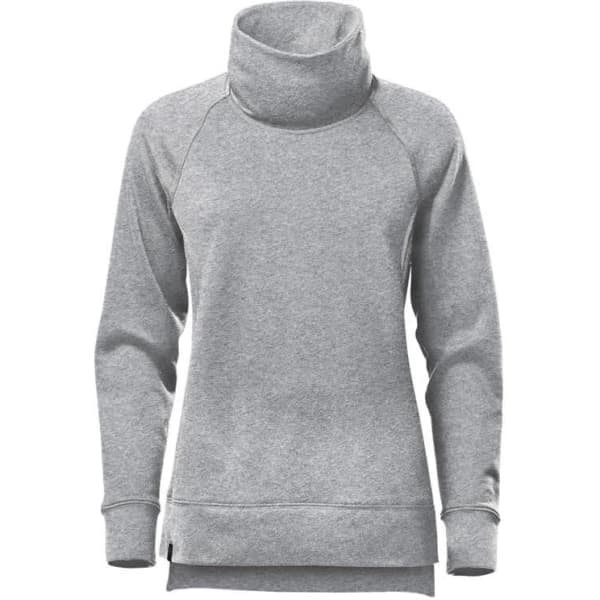 A grey women's pullover with a cowl neck and long sleeves, featuring a relaxed fit and a logo on the side.