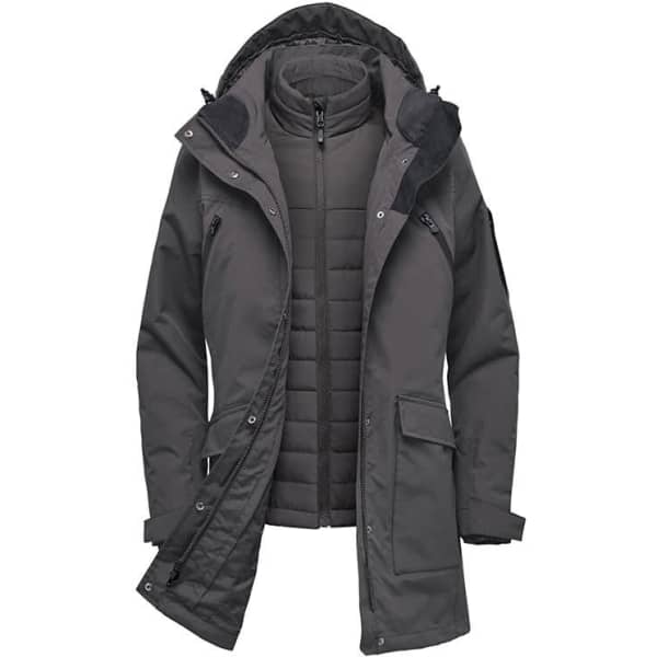 A women's grey 5 in 1 jacket featuring a removable inner puffer layer and a hood, with pockets and a branded logo.