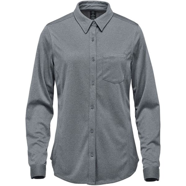 A women's button-up shirt in a grey colour with a collar and one chest pocket. Features a logo detail.