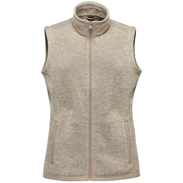 A sleeveless women's vest in a light beige hue, featuring a high collar and zip front, with side pockets.
