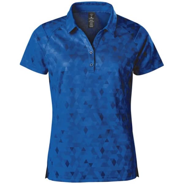 A blue polo shirt with a geometric pattern and a collar, featuring a logo.