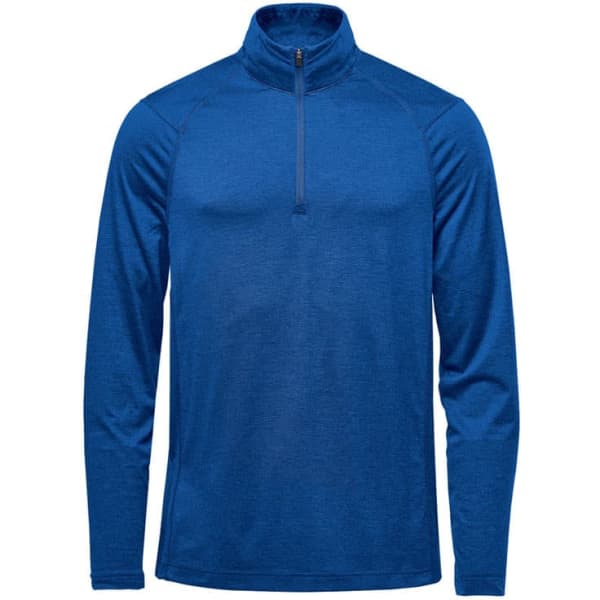 A blue men's pullover jumper with a half-zip and long sleeves, featuring a branding logo.