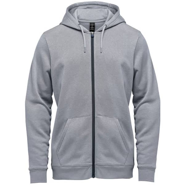 A grey men's fleece hoody with a zipper, adjustable drawstring hood, and front pockets. It features a logo.