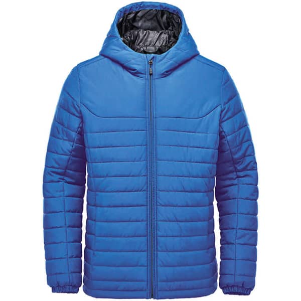 A blue quilted hoodie with a hood, featuring a zippered front and contrasting interior lining.