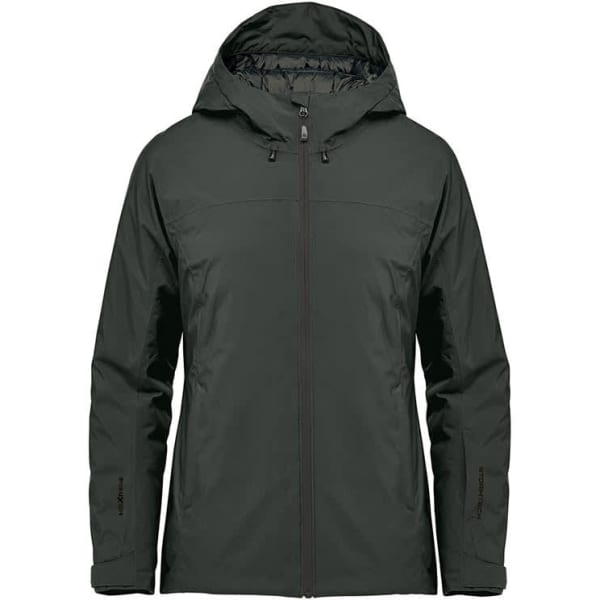 A dark green soft shell jacket with a hood, featuring a zip front and a logo on the sleeve.