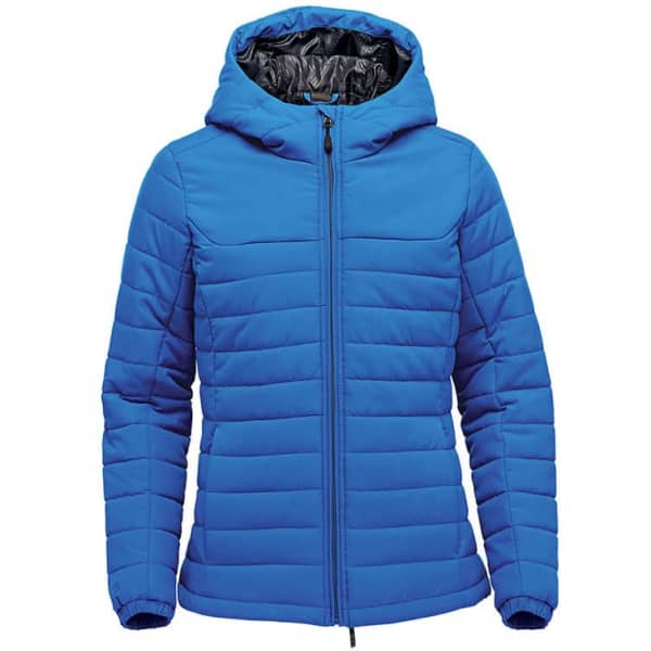 A blue women's quilted hoody with a hood and zipper, featuring a black interior and a logo.