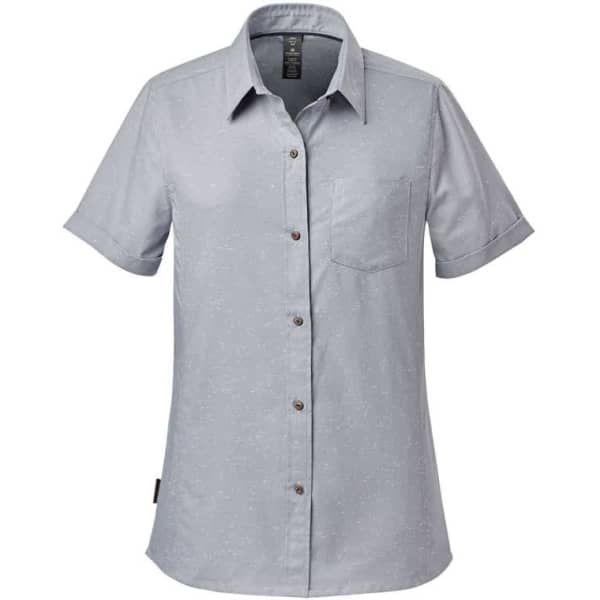 A light blue button-up shirt with short sleeves, featuring a chest pocket and a small logo.