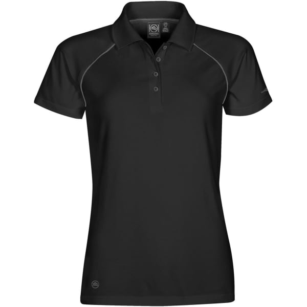 A black women's polo shirt with short sleeves, a collar, and a logo on the side. Features a fitted design.