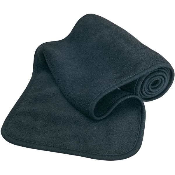 A black polar fleece scarf, rolled neatly with a soft texture and rounded edges. It features a logo on the side.